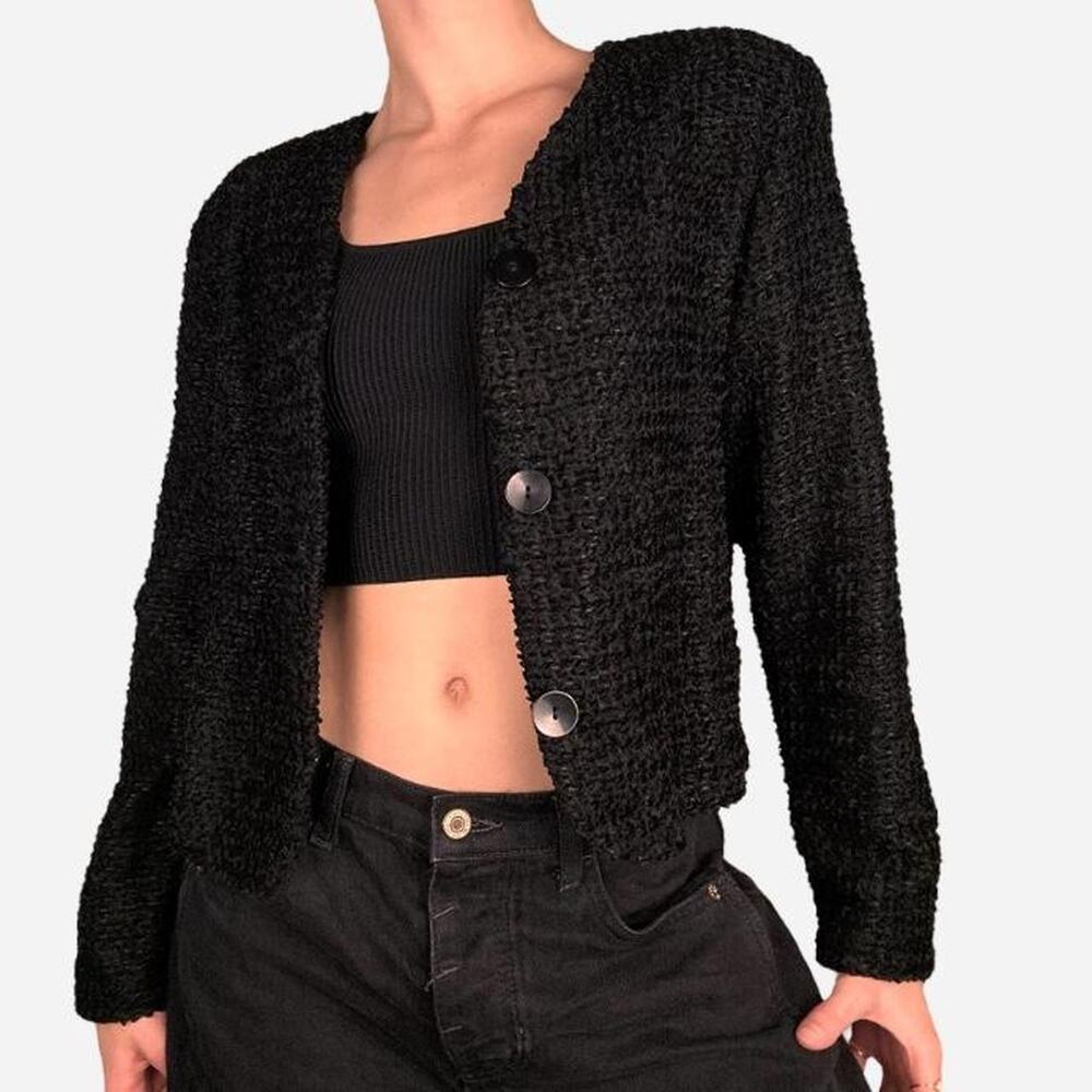 Knitted boldero jacket cropped big button statement sparkle black blazer
